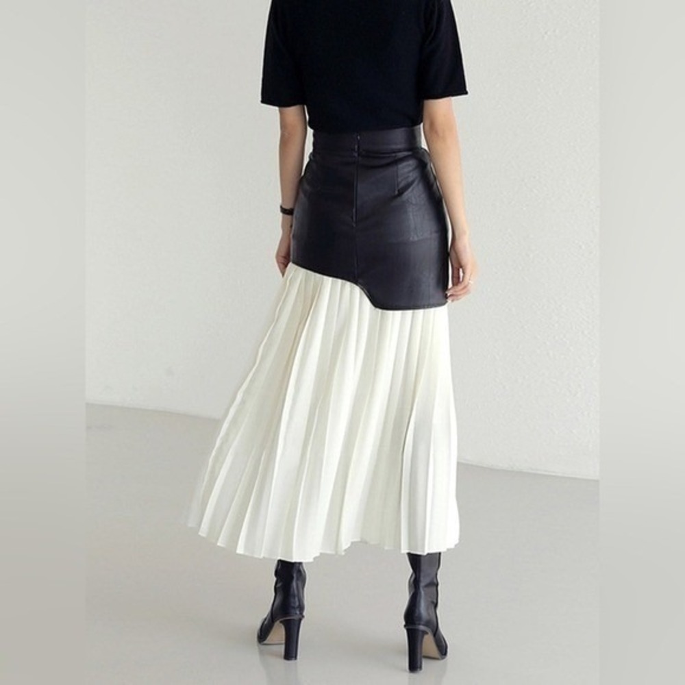 Commense Asymmetric Patchwork Faux Leather & Chiffon Pleated Maxi Skirt L NEW - Picture 5 of 14